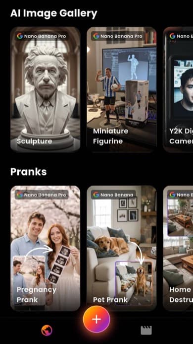 VIBE AI Video Generator app - AI Image Gallery with Sculpture, Miniature Figurine, and Prank templates